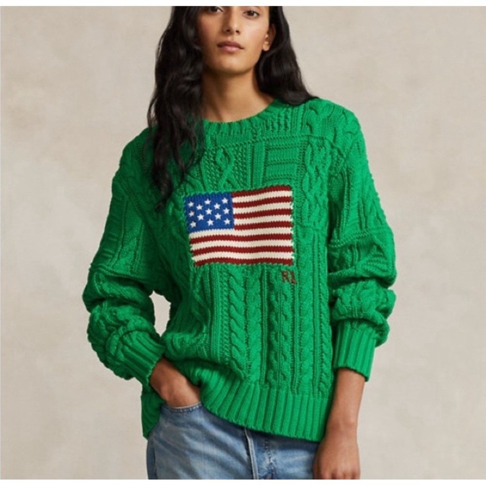 Polo Ralph Lauren Womens Aran Knit Cotton American Flag Sweater Green SZ XXL NEW - Picture 1 of 11